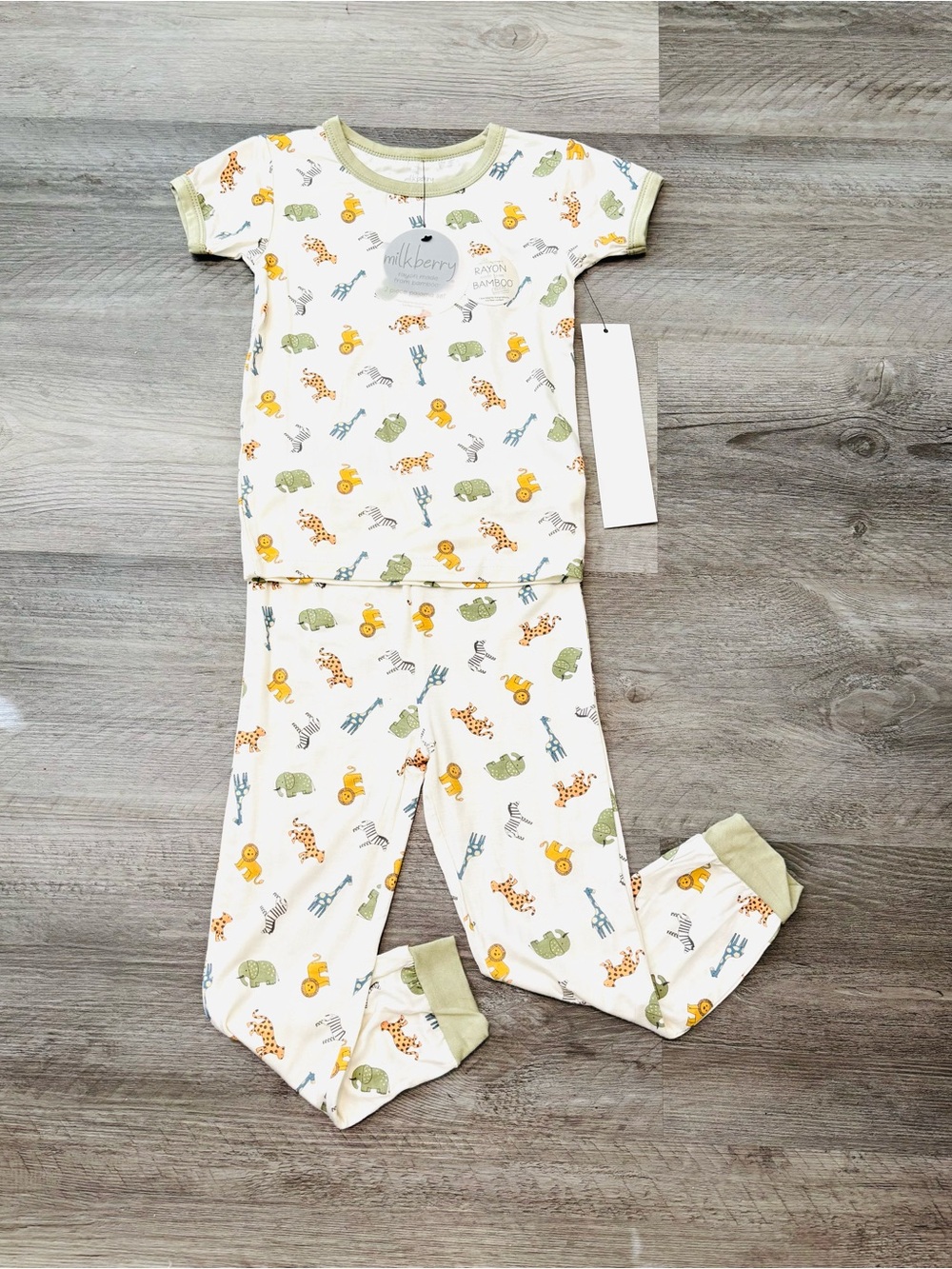 Milkberry Cream Safari Print Kids Pajama Set with Green Trim